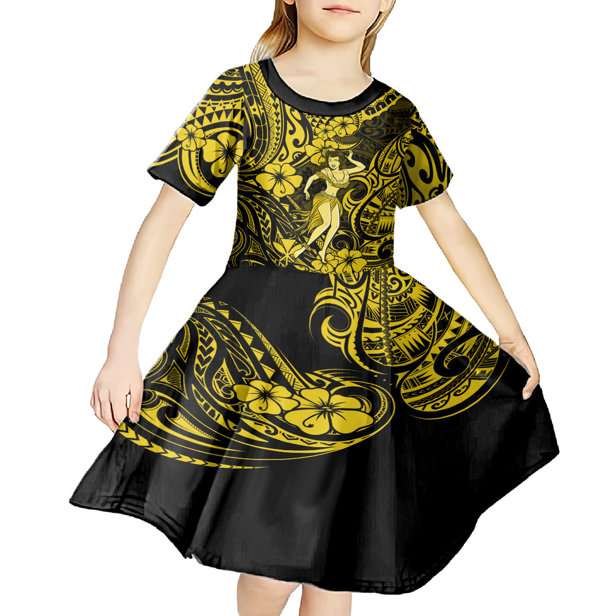 Hawaii Hula Girl Kid Short Sleeve Dress Hibiscus Hawaii Tribal Tattoo Yellow Version LT01 - Polynesian Pride