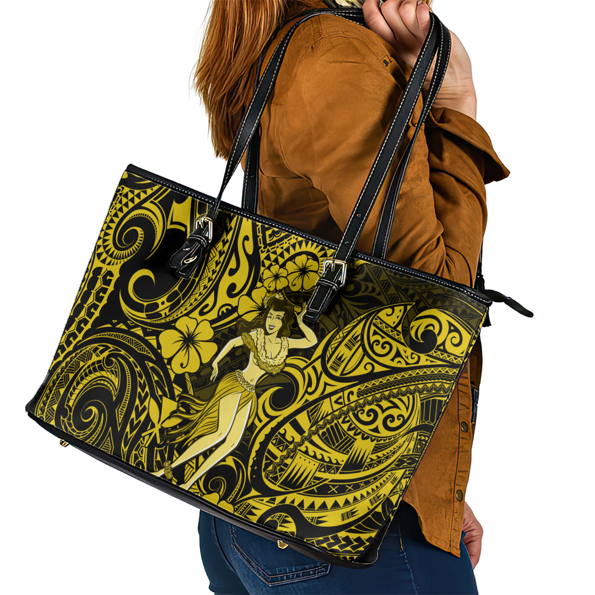 Hawaii Hula Girl Leather Tote Bag Hibiscus Hawaii Tribal Tattoo Yellow Version LT01 - Polynesian Pride