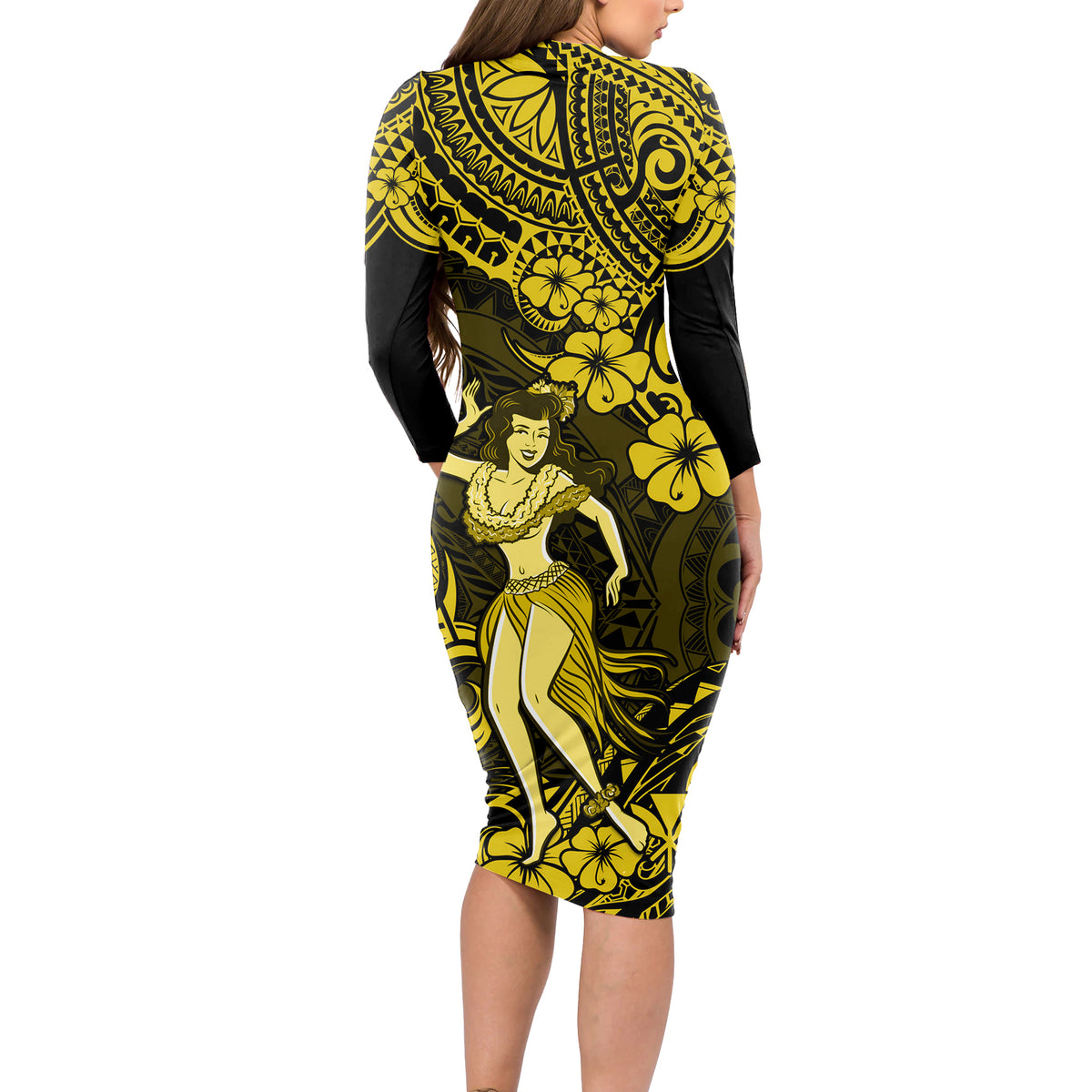 Hawaii Hula Girl Long Sleeve Bodycon Dress Hibiscus Hawaii Tribal Tattoo Yellow Version LT01 - Polynesian Pride