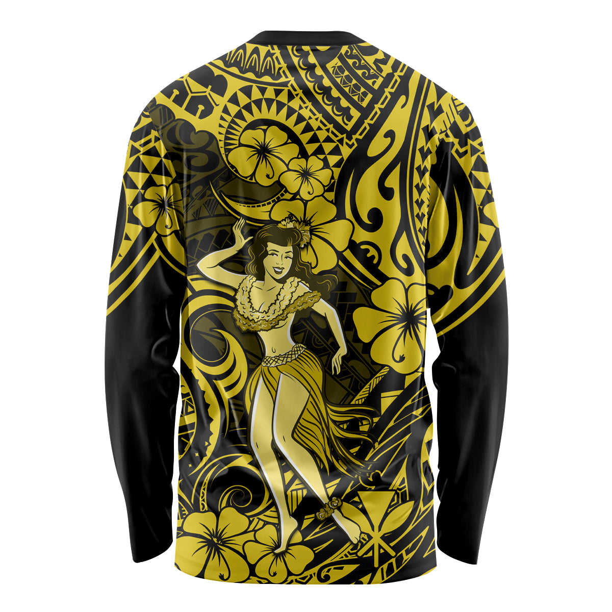 Hawaii Hula Girl Long Sleeve Shirt Hibiscus Hawaii Tribal Tattoo Yellow Version LT01 - Polynesian Pride