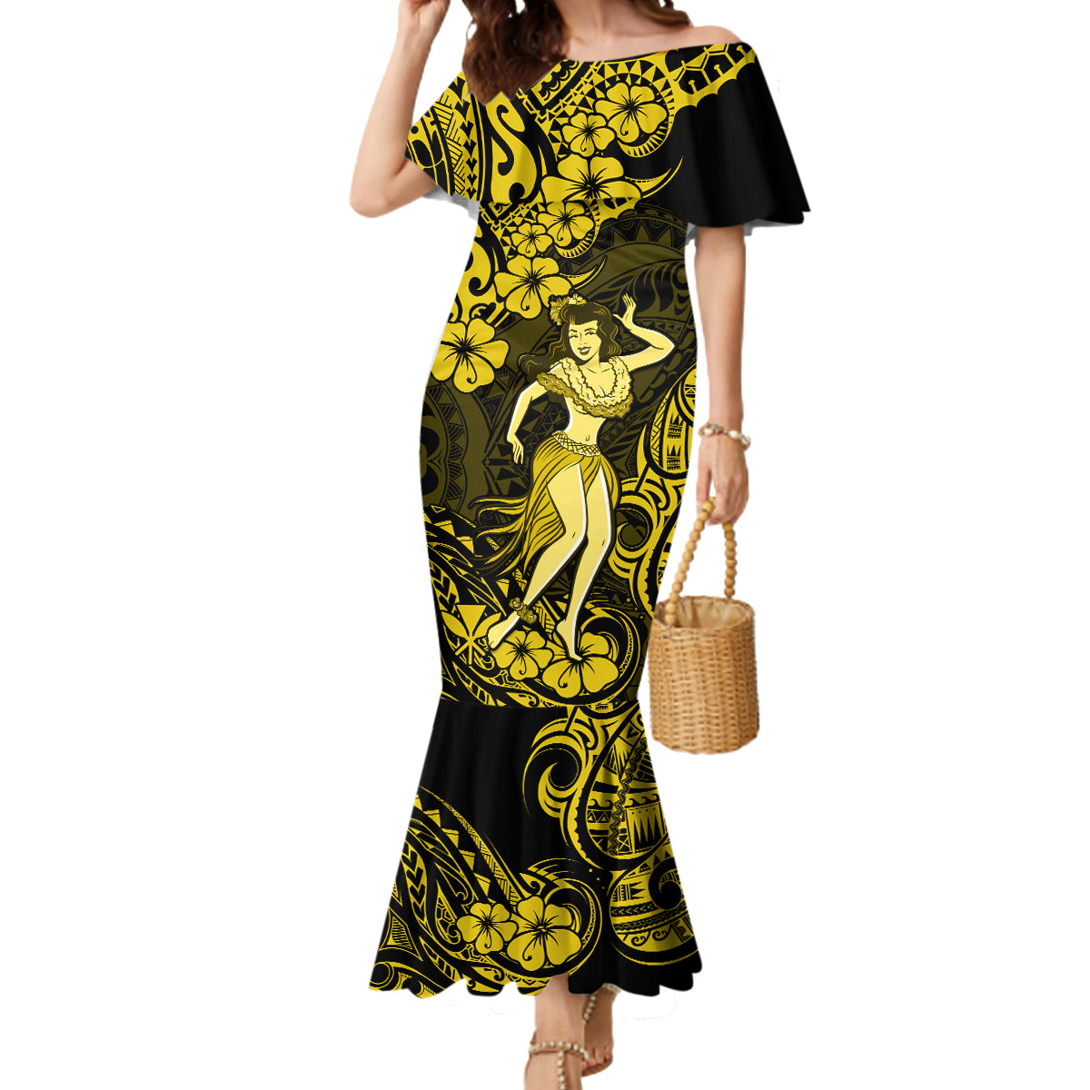 Hawaii Hula Girl Mermaid Dress Hibiscus Hawaii Tribal Tattoo Yellow Version LT01 Women Yellow - Polynesian Pride