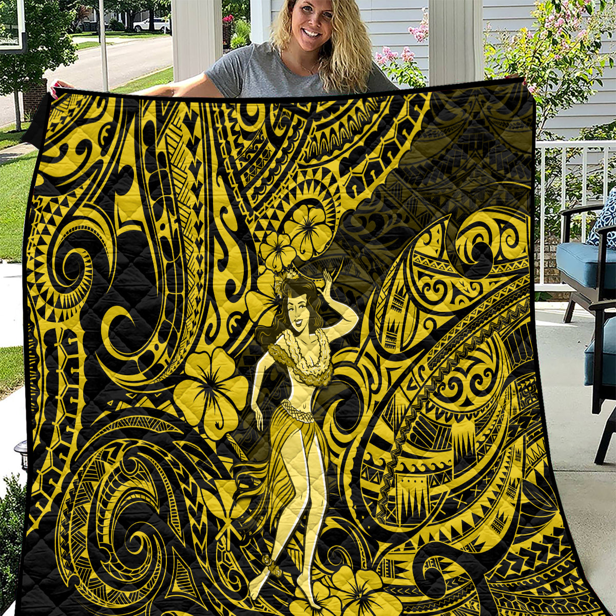 Hawaii Hula Girl Quilt Hibiscus Hawaii Tribal Tattoo Yellow Version LT01 Yellow - Polynesian Pride