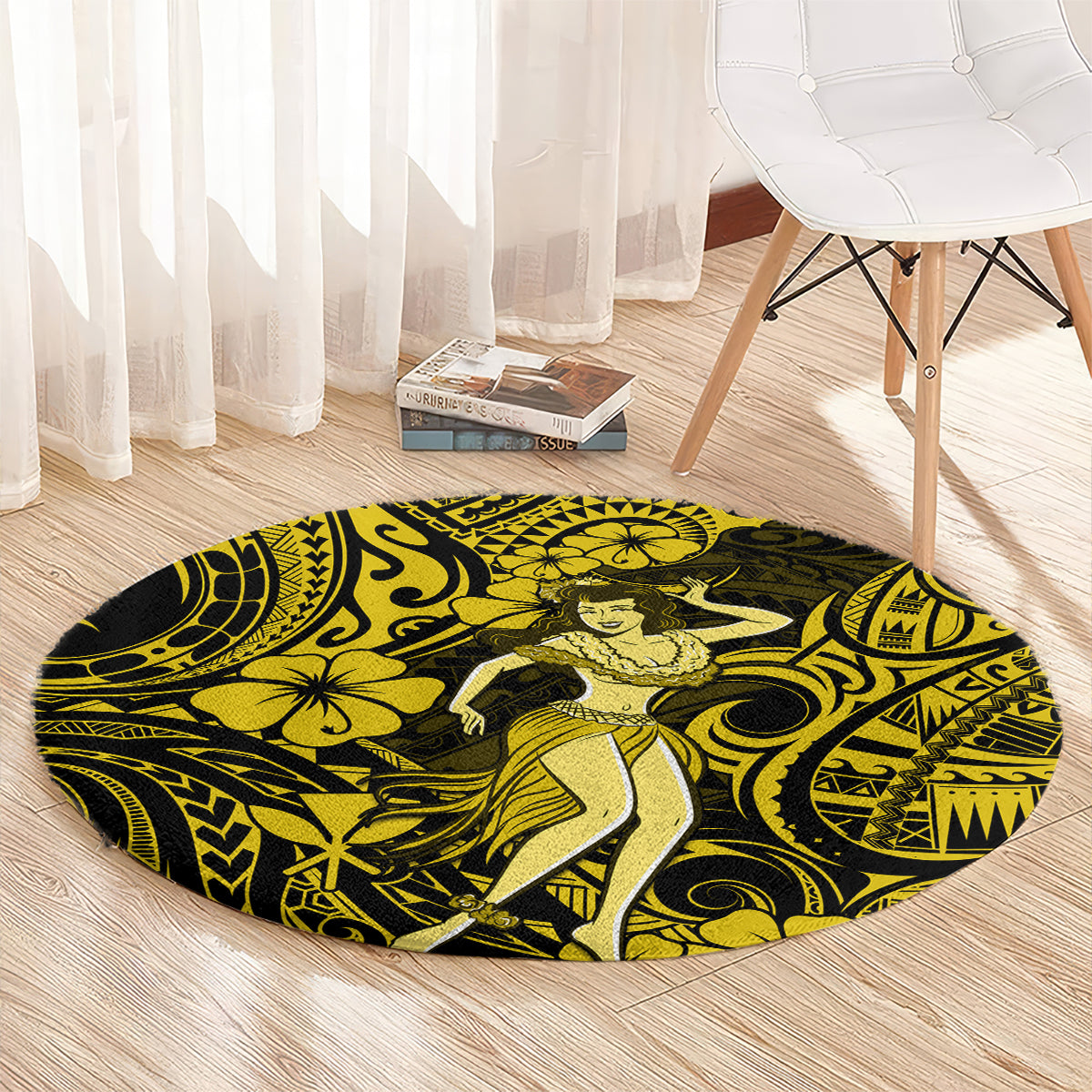Hawaii Hula Girl Round Carpet Hibiscus Hawaii Tribal Tattoo Yellow Version LT01 - Polynesian Pride