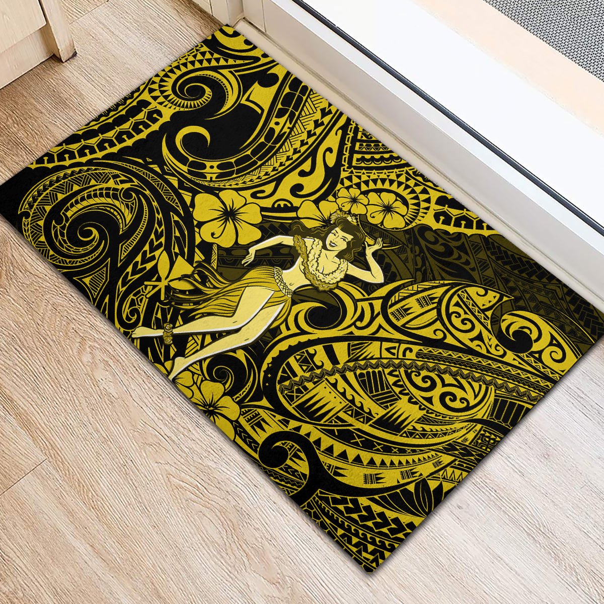 Hawaii Hula Girl Rubber Doormat Hibiscus Hawaii Tribal Tattoo Yellow Version LT01 - Polynesian Pride