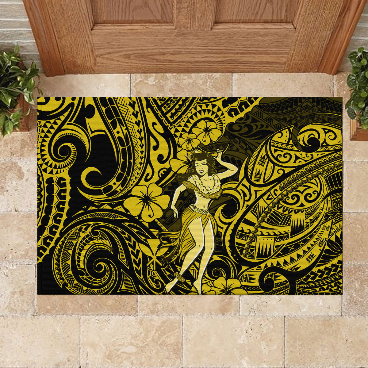 Hawaii Hula Girl Rubber Doormat Hibiscus Hawaii Tribal Tattoo Yellow Version LT01 - Polynesian Pride