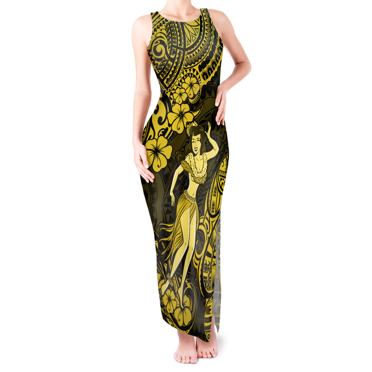 Hawaii Hula Girl Tank Maxi Dress Hibiscus Hawaii Tribal Tattoo Yellow Version LT01 Women Yellow - Polynesian Pride