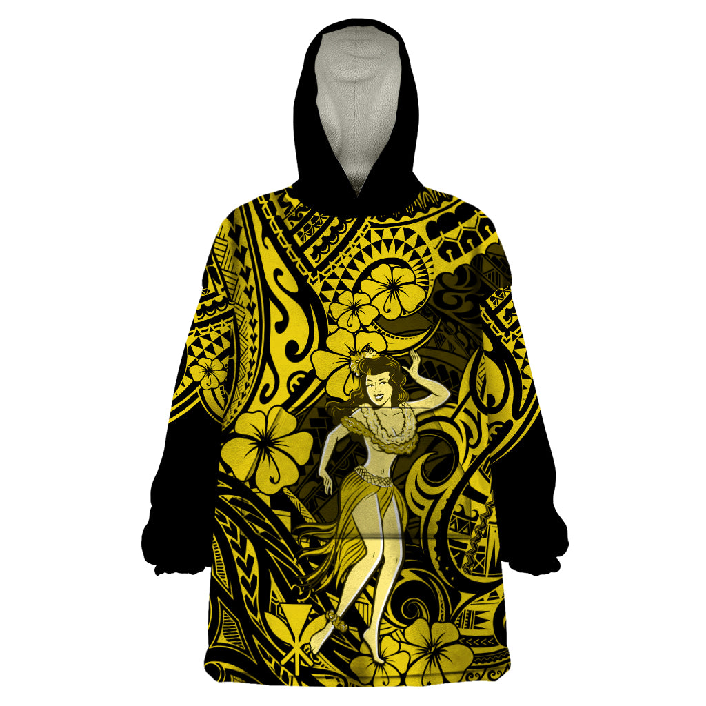 Hawaii Hula Girl Wearable Blanket Hoodie Hibiscus Hawaii Tribal Tattoo Yellow Version LT01 One Size Yellow - Polynesian Pride