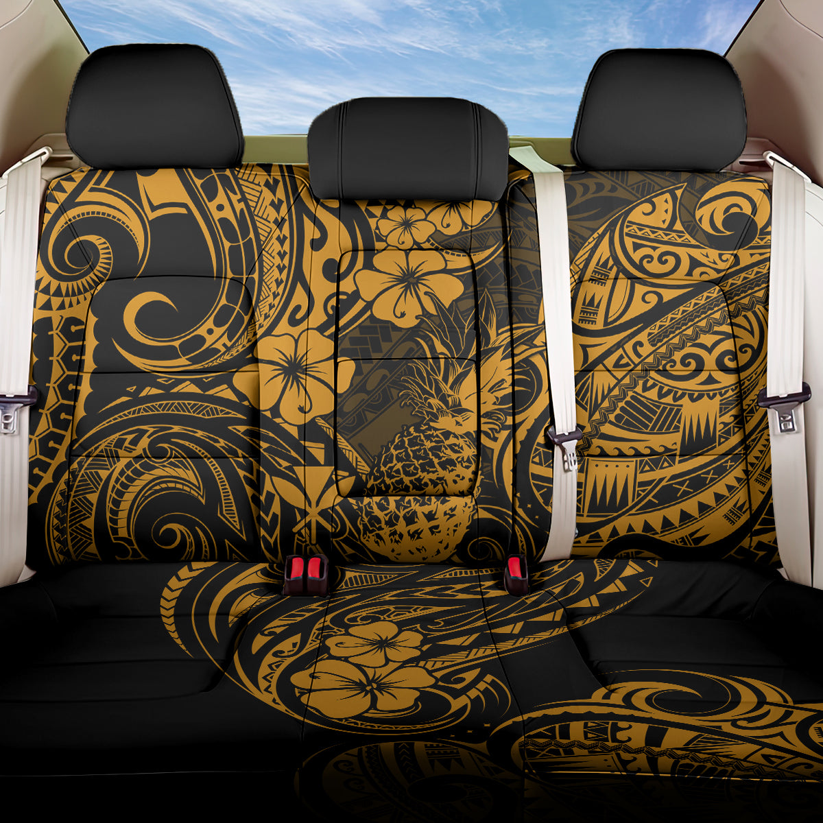 Hawaii Pineapple Back Car Seat Cover Paradise Flowers Pacific With Gold Polynesian Tribal