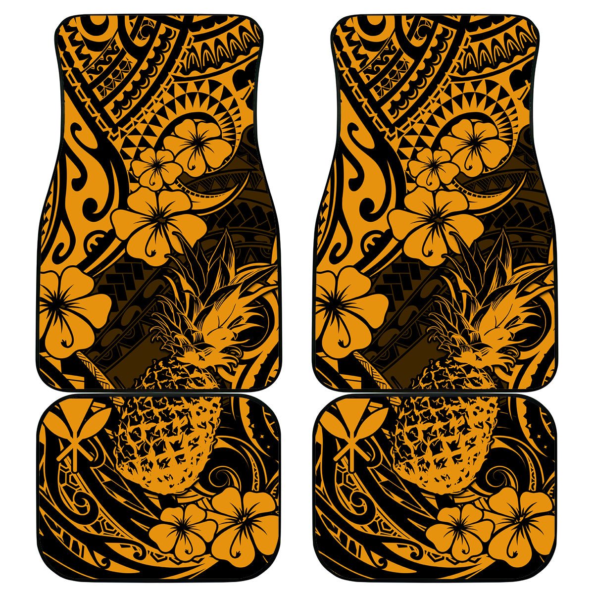 Hawaii Pineapple Car Mats Paradise Flowers Pacific With Gold Polynesian Tribal LT01 Gold - Polynesian Pride