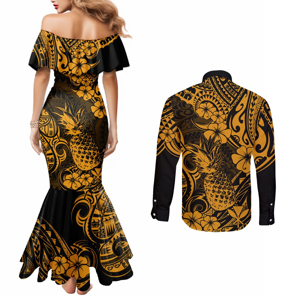 Hawaii Pineapple Couples Matching Mermaid Dress and Long Sleeve Button Shirts Paradise Flowers Pacific With Gold Polynesian Tribal LT01 - Polynesian Pride