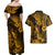 Hawaii Pineapple Couples Matching Off Shoulder Maxi Dress and Hawaiian Shirt Paradise Flowers Pacific With Gold Polynesian Tribal LT01 - Polynesian Pride