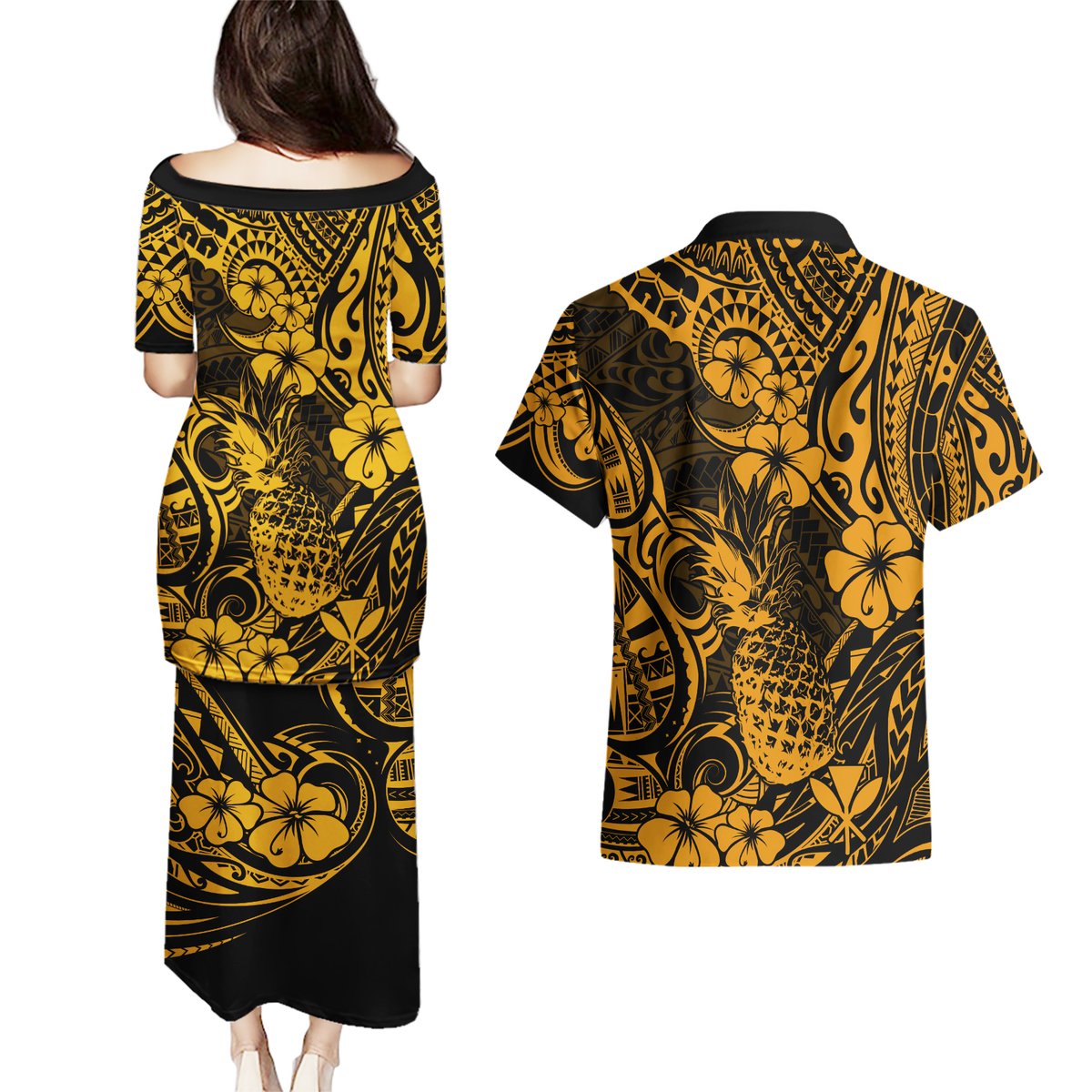 Hawaii Pineapple Couples Matching Puletasi Dress and Hawaiian Shirt Paradise Flowers Pacific With Gold Polynesian Tribal LT01 - Polynesian Pride