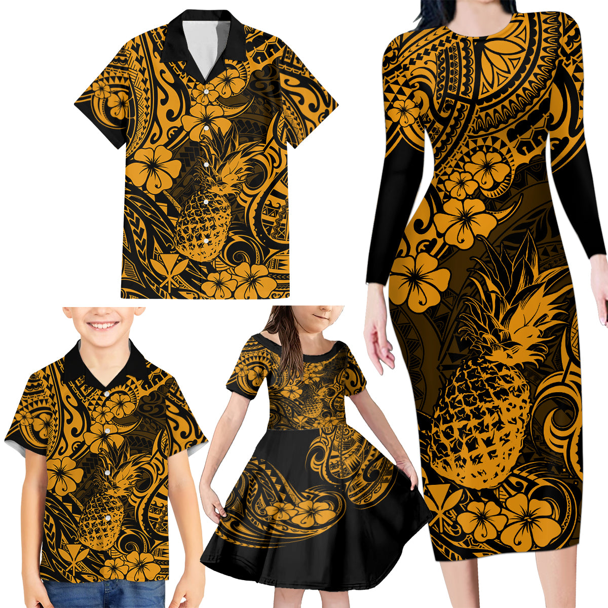 Hawaii Pineapple Family Matching Long Sleeve Bodycon Dress and Hawaiian Shirt Paradise Flowers Pacific With Gold Polynesian Tribal LT01 - Polynesian Pride