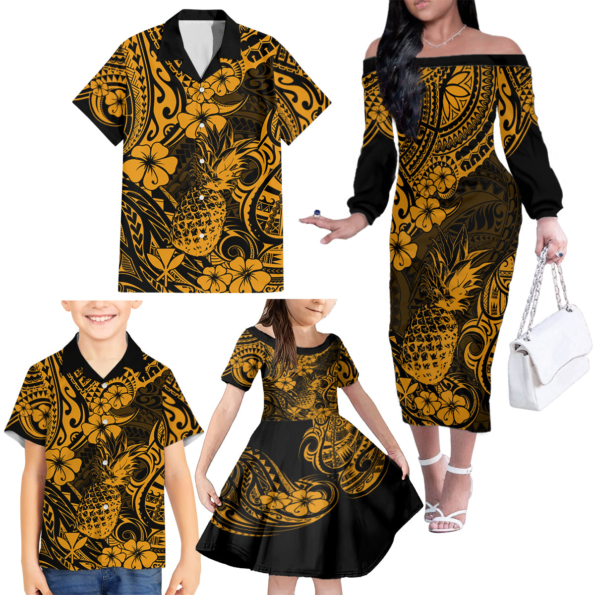 Hawaii Pineapple Family Matching Off Shoulder Long Sleeve Dress and Hawaiian Shirt Paradise Flowers Pacific With Gold Polynesian Tribal LT01 - Polynesian Pride