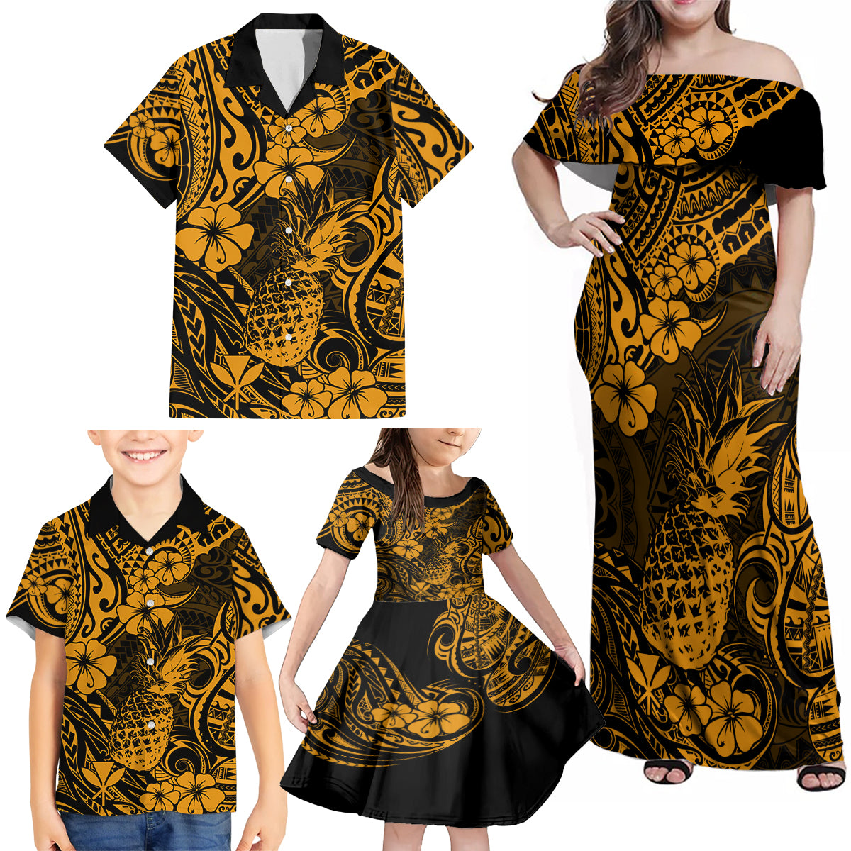 Hawaii Pineapple Family Matching Off Shoulder Maxi Dress and Hawaiian Shirt Paradise Flowers Pacific With Gold Polynesian Tribal LT01 - Polynesian Pride