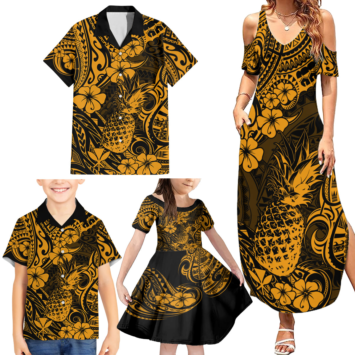 Hawaii Pineapple Family Matching Summer Maxi Dress and Hawaiian Shirt Paradise Flowers Pacific With Gold Polynesian Tribal LT01 - Polynesian Pride