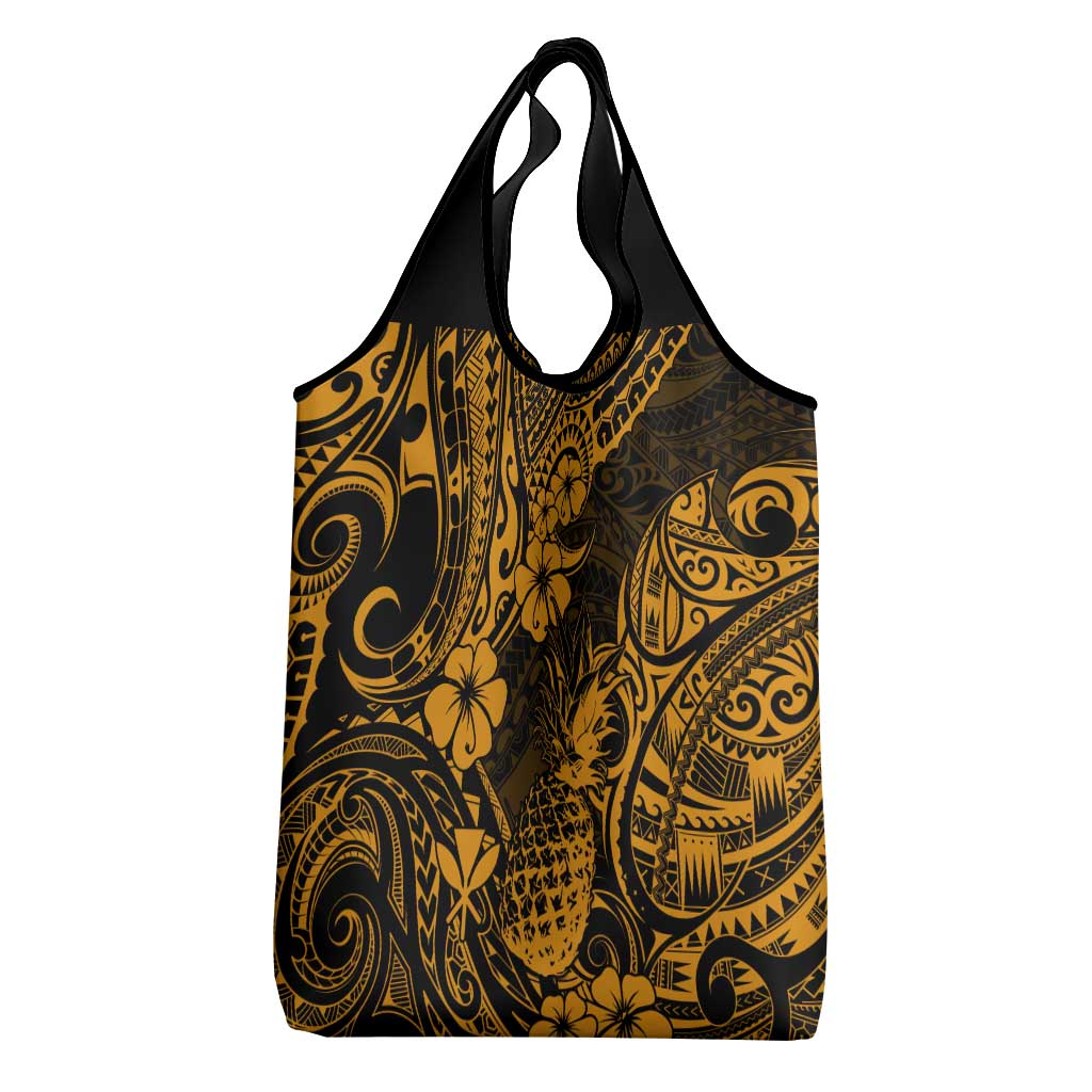Hawaii Pineapple Grocery Bag Paradise Flowers Pacific With Gold Polynesian Tribal LT01 - Polynesian Pride