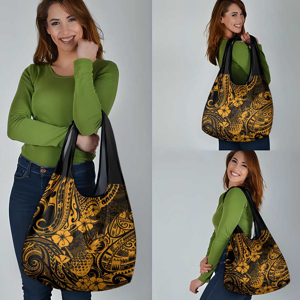 Hawaii Pineapple Grocery Bag Paradise Flowers Pacific With Gold Polynesian Tribal LT01 - Polynesian Pride