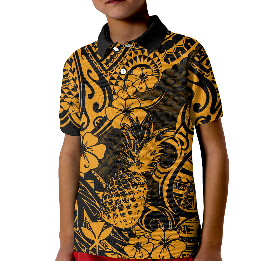 Hawaii Pineapple Kid Polo Shirt Paradise Flowers Pacific With Gold Polynesian Tribal LT01 Kid Gold - Polynesian Pride