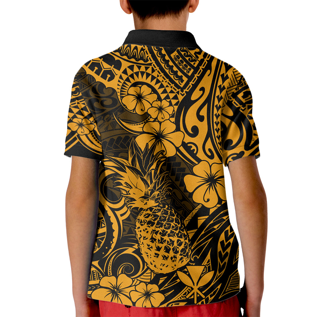 Hawaii Pineapple Kid Polo Shirt Paradise Flowers Pacific With Gold Polynesian Tribal LT01 - Polynesian Pride