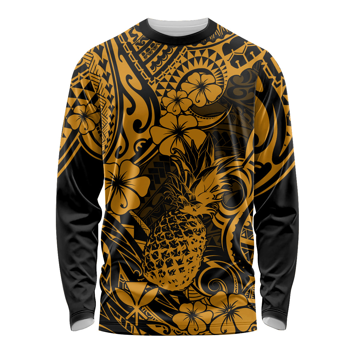 Hawaii Pineapple Long Sleeve Shirt Paradise Flowers Pacific With Gold Polynesian Tribal LT01 Unisex Gold - Polynesian Pride