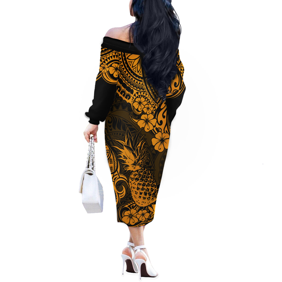 Hawaii Pineapple Off The Shoulder Long Sleeve Dress Paradise Flowers Pacific With Gold Polynesian Tribal LT01 - Polynesian Pride