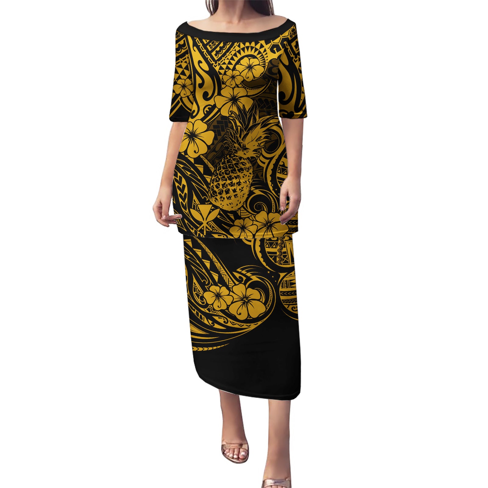 Hawaii Pineapple Puletasi Paradise Flowers Pacific With Gold Polynesian Tribal LT01 Long Dress Gold - Polynesian Pride