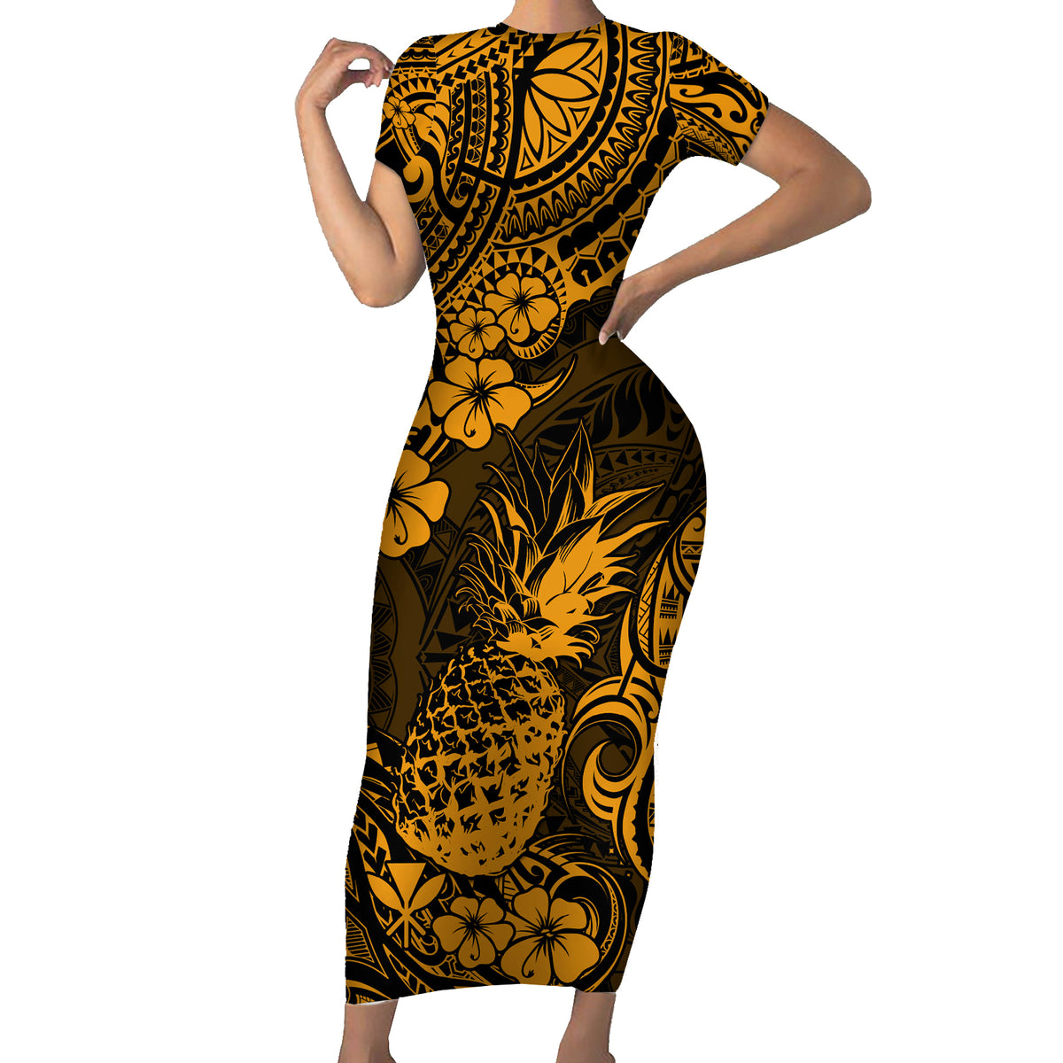 Hawaii Pineapple Short Sleeve Bodycon Dress Paradise Flowers Pacific With Gold Polynesian Tribal LT01 Long Dress Gold - Polynesian Pride