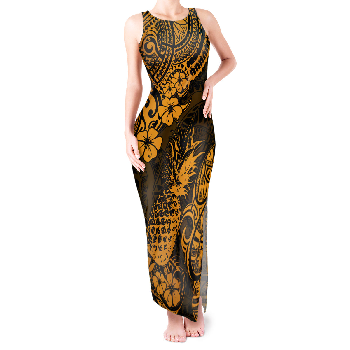 Hawaii Pineapple Tank Maxi Dress Paradise Flowers Pacific With Gold Polynesian Tribal LT01 Women Gold - Polynesian Pride