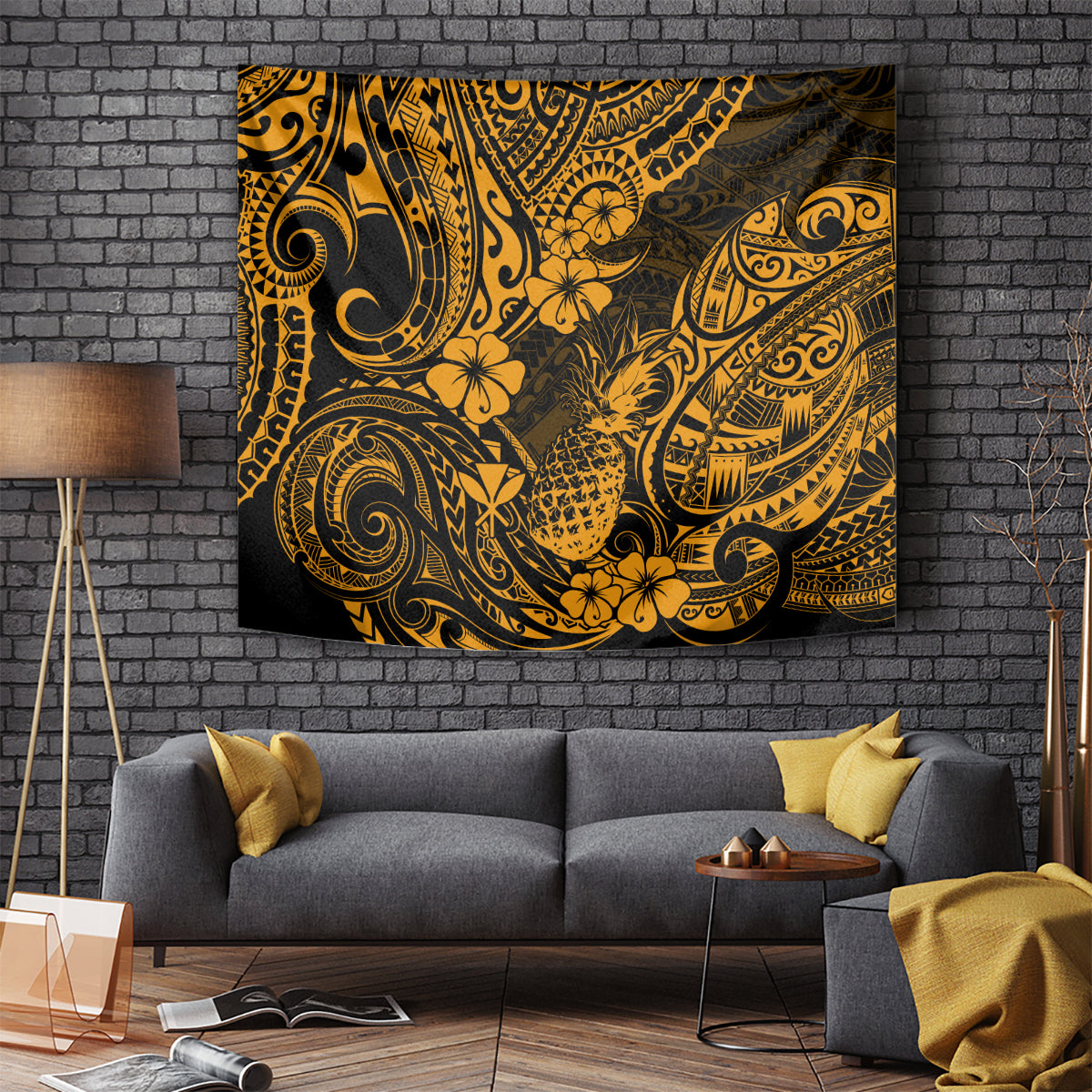 Hawaii Pineapple Tapestry Paradise Flowers Pacific With Gold Polynesian Tribal LT01 Gold - Polynesian Pride