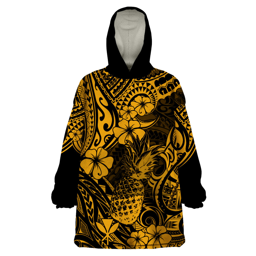 Hawaii Pineapple Wearable Blanket Hoodie Paradise Flowers Pacific With Gold Polynesian Tribal LT01 One Size Gold - Polynesian Pride