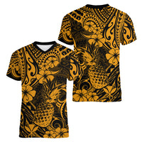 Hawaii Pineapple Women V Neck T Shirt Paradise Flowers Pacific With Gold Polynesian Tribal LT01 - Polynesian Pride