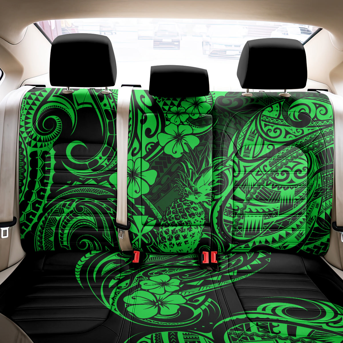 Hawaii Pineapple Back Car Seat Cover Paradise Flowers Pacific With Green Polynesian Tribal