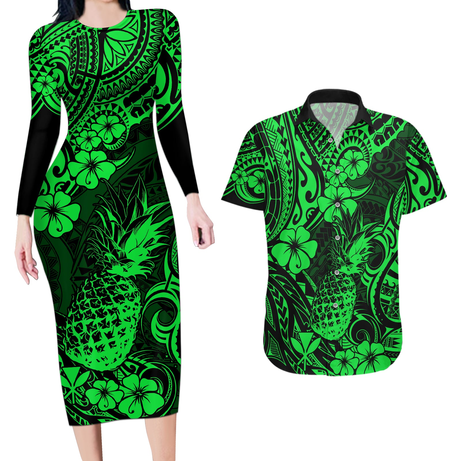 Hawaii Pineapple Couples Matching Long Sleeve Bodycon Dress and Hawaiian Shirt Paradise Flowers Pacific With Green Polynesian Tribal LT01 Green - Polynesian Pride