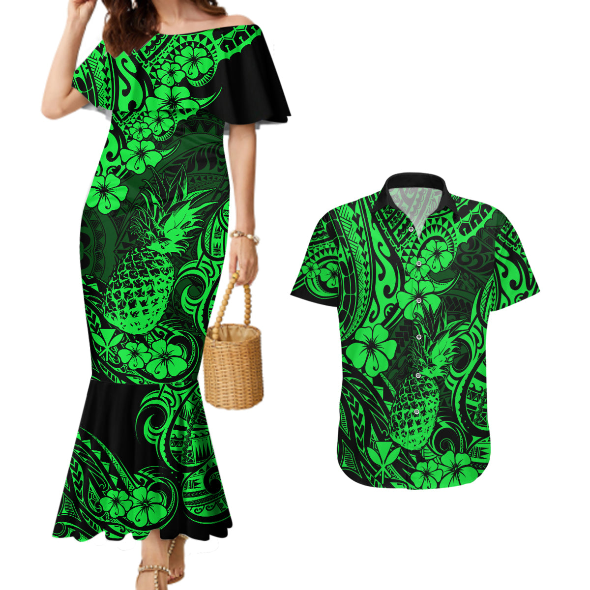 Hawaii Pineapple Couples Matching Mermaid Dress and Hawaiian Shirt Paradise Flowers Pacific With Green Polynesian Tribal LT01 Green - Polynesian Pride