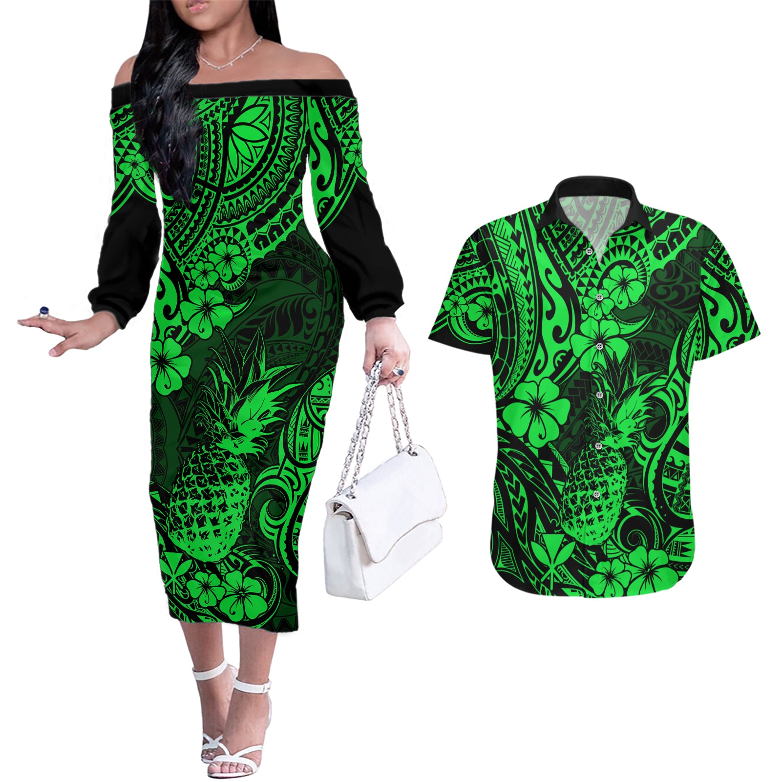 Hawaii Pineapple Couples Matching Off The Shoulder Long Sleeve Dress and Hawaiian Shirt Paradise Flowers Pacific With Green Polynesian Tribal LT01 Green - Polynesian Pride