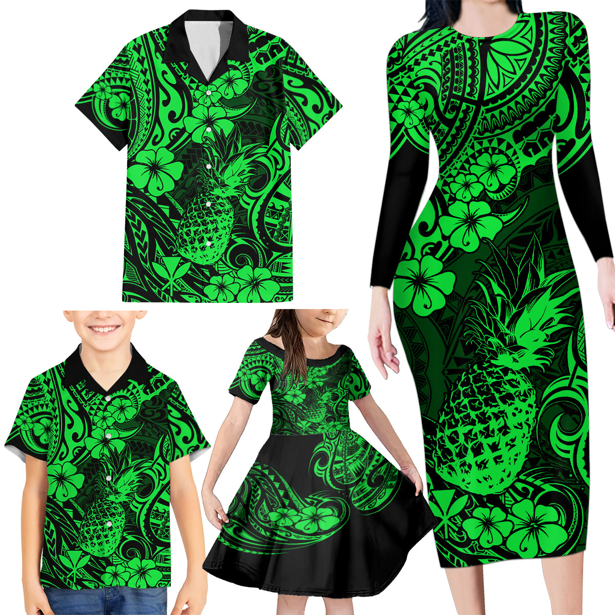 Hawaii Pineapple Family Matching Long Sleeve Bodycon Dress and Hawaiian Shirt Paradise Flowers Pacific With Green Polynesian Tribal LT01 - Polynesian Pride