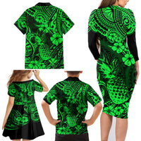 Hawaii Pineapple Family Matching Long Sleeve Bodycon Dress and Hawaiian Shirt Paradise Flowers Pacific With Green Polynesian Tribal LT01 - Polynesian Pride