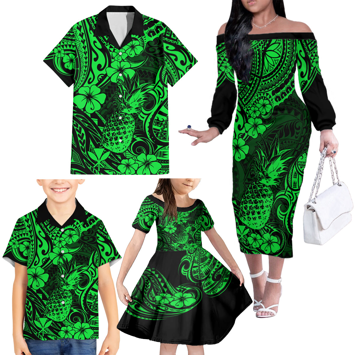 Hawaii Pineapple Family Matching Off Shoulder Long Sleeve Dress and Hawaiian Shirt Paradise Flowers Pacific With Green Polynesian Tribal LT01 - Polynesian Pride