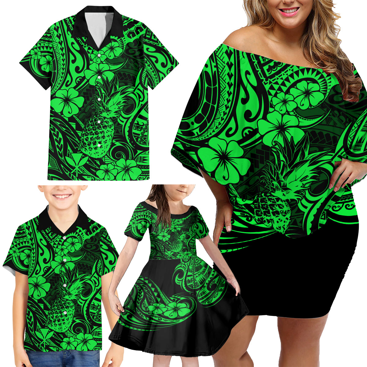 Hawaii Pineapple Family Matching Off Shoulder Short Dress and Hawaiian Shirt Paradise Flowers Pacific With Green Polynesian Tribal LT01 - Polynesian Pride