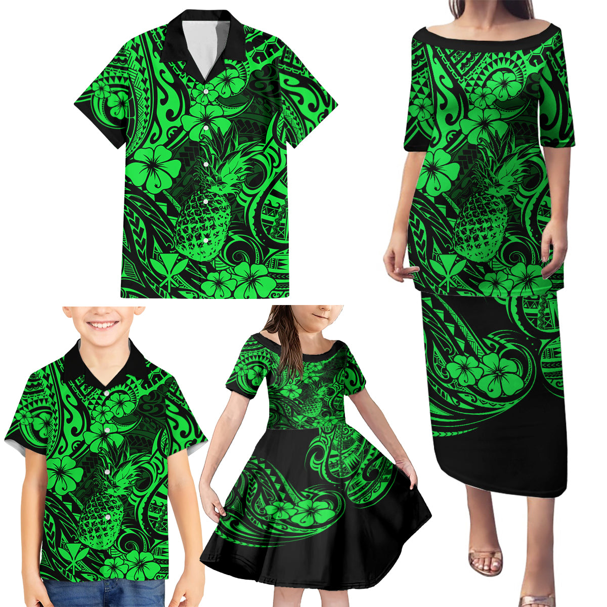 Hawaii Pineapple Family Matching Puletasi Dress and Hawaiian Shirt Paradise Flowers Pacific With Green Polynesian Tribal LT01 - Polynesian Pride