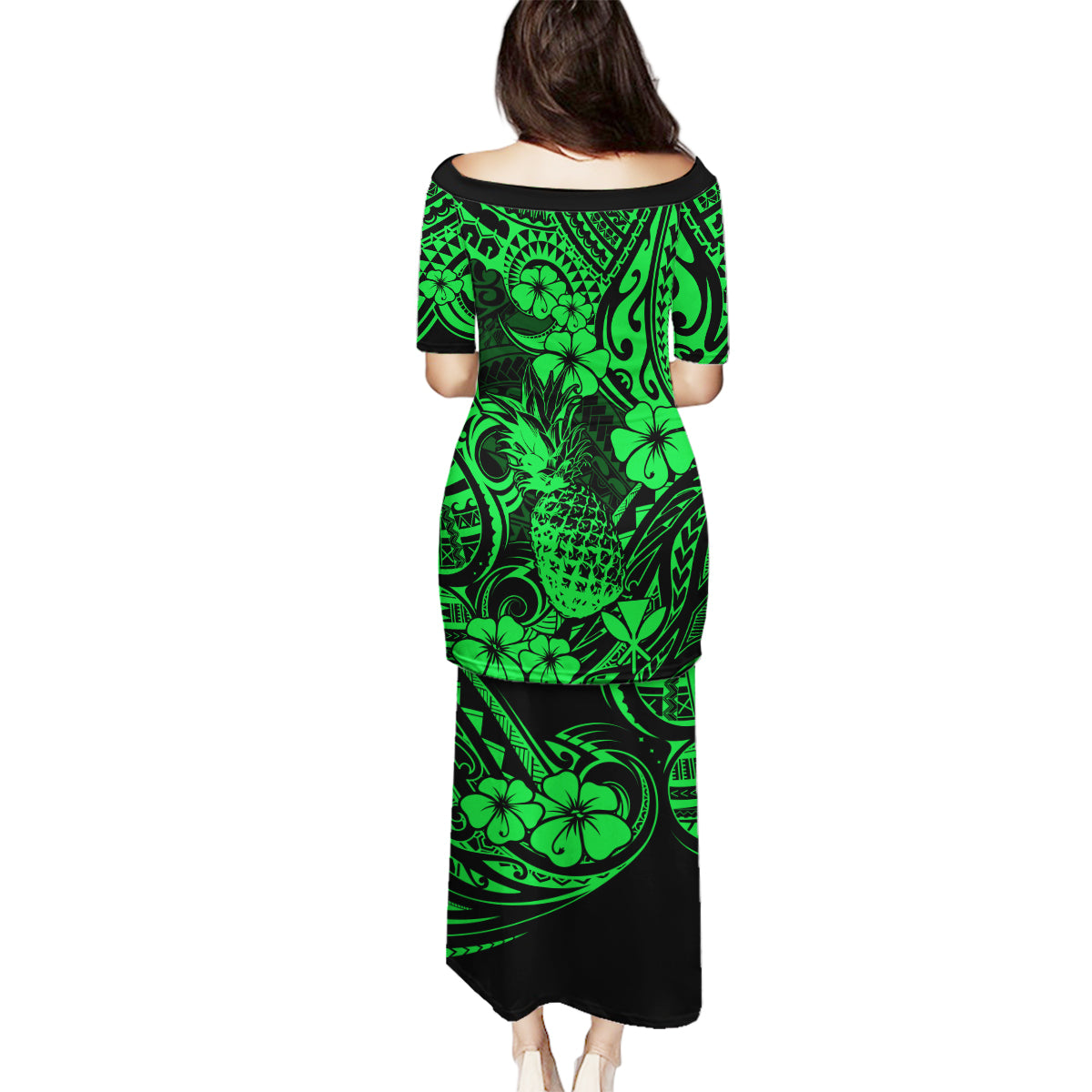 Hawaii Pineapple Family Matching Puletasi Dress and Hawaiian Shirt Paradise Flowers Pacific With Green Polynesian Tribal LT01 - Polynesian Pride