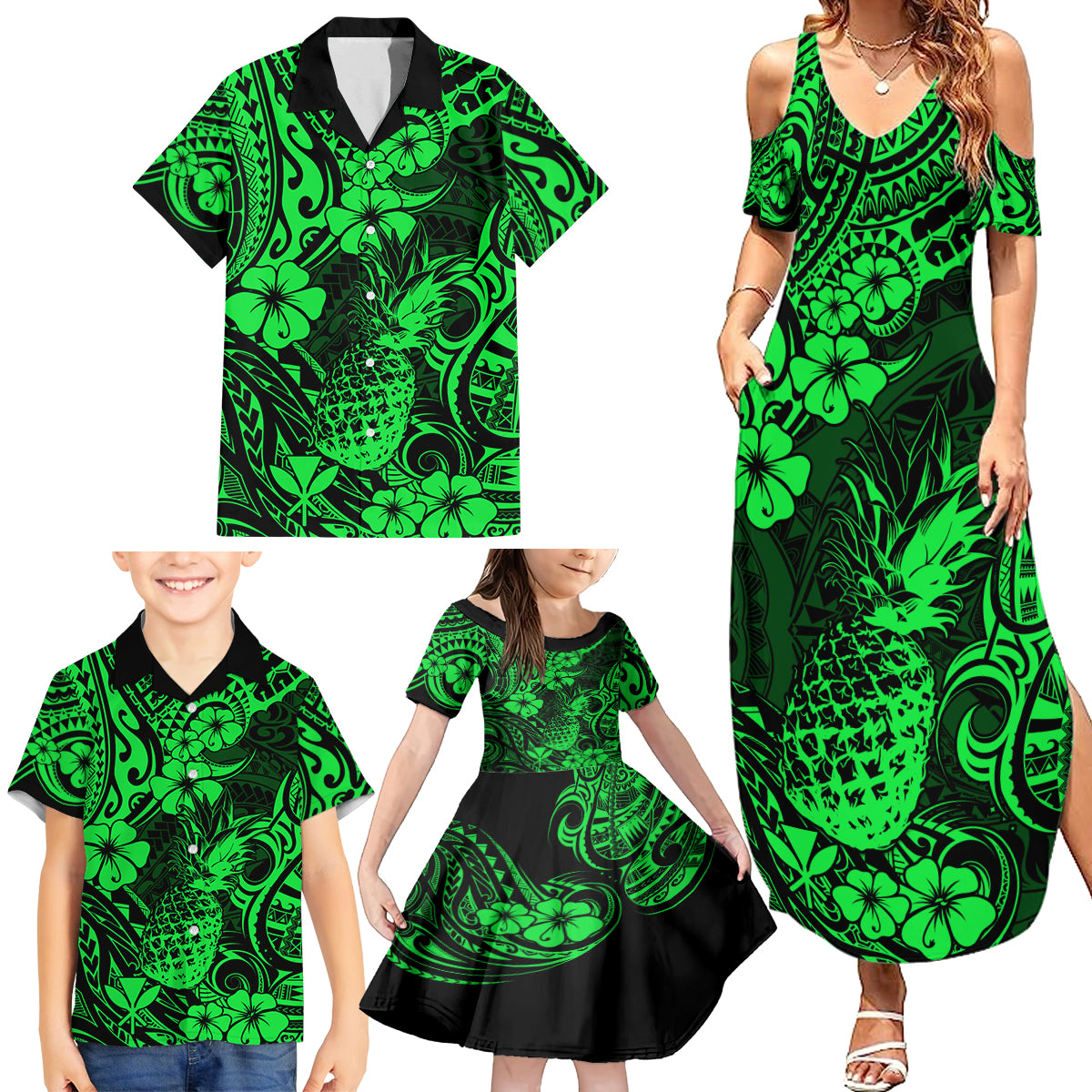 Hawaii Pineapple Family Matching Summer Maxi Dress and Hawaiian Shirt Paradise Flowers Pacific With Green Polynesian Tribal LT01 - Polynesian Pride