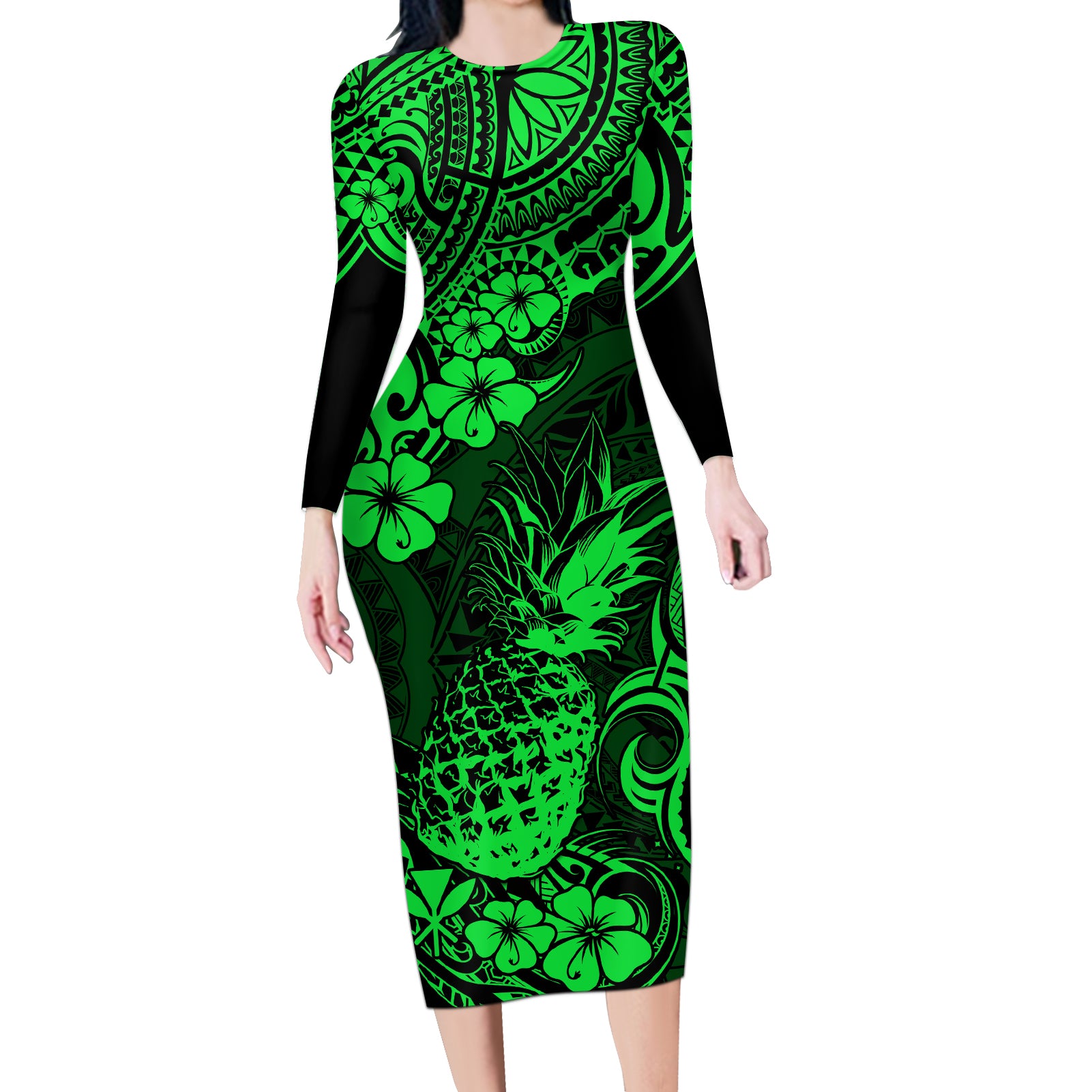 Hawaii Pineapple Long Sleeve Bodycon Dress Paradise Flowers Pacific With Green Polynesian Tribal LT01 Long Dress Green - Polynesian Pride