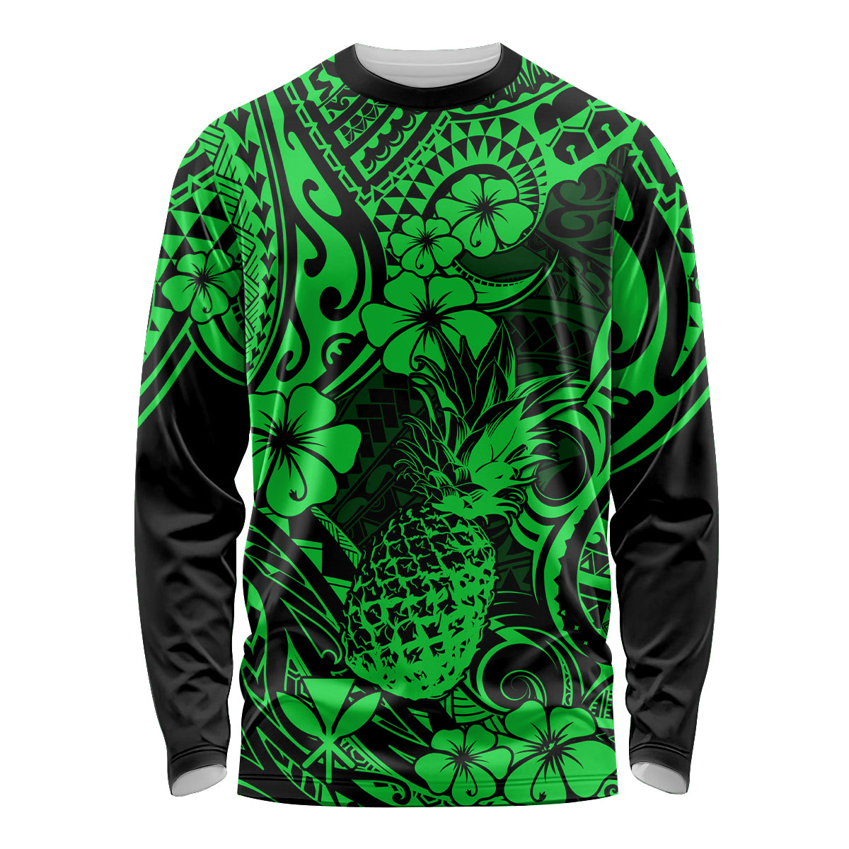 Hawaii Pineapple Long Sleeve Shirt Paradise Flowers Pacific With Green Polynesian Tribal LT01 Unisex Green - Polynesian Pride