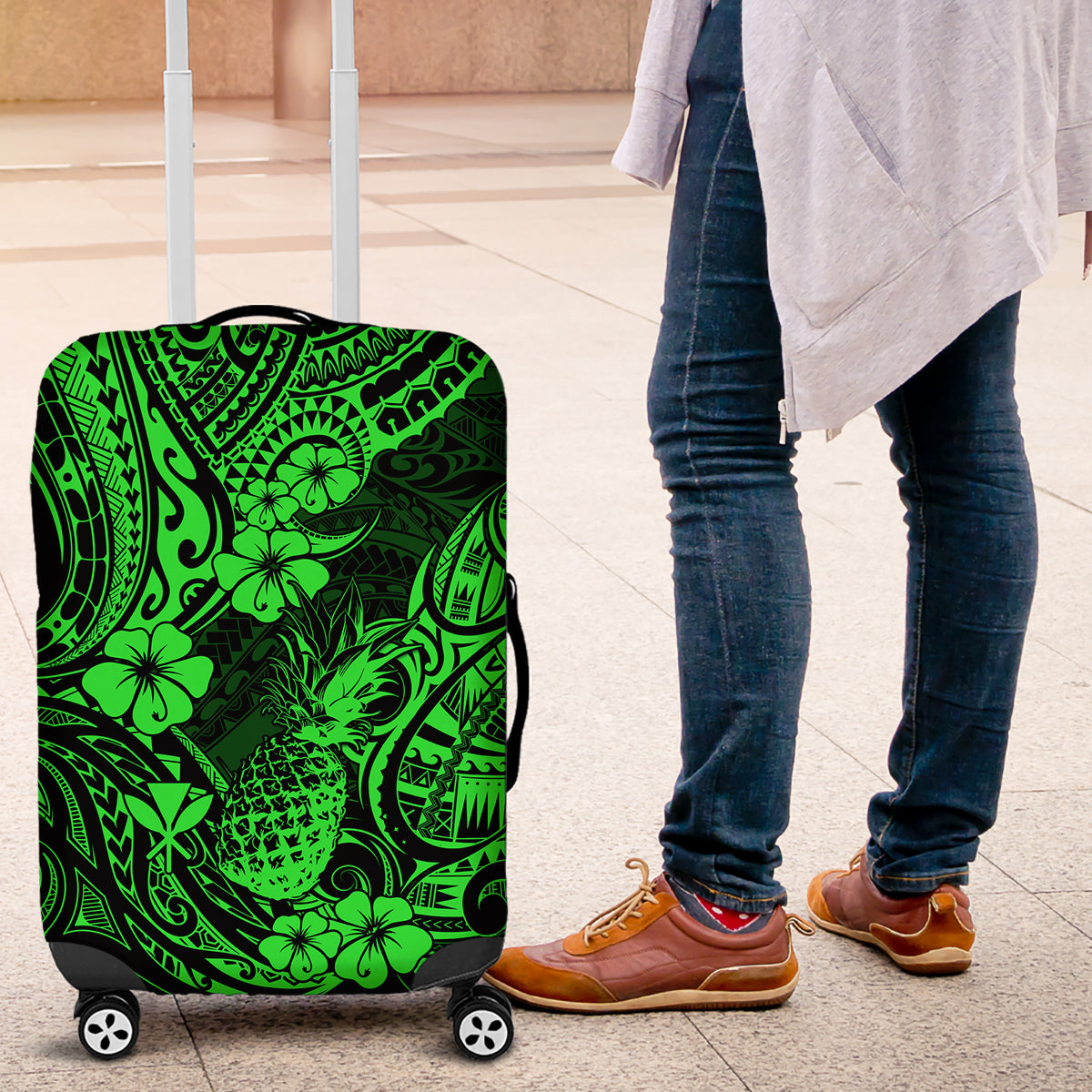 Hawaii Pineapple Luggage Cover Paradise Flowers Pacific With Green Polynesian Tribal LT01 Green - Polynesian Pride