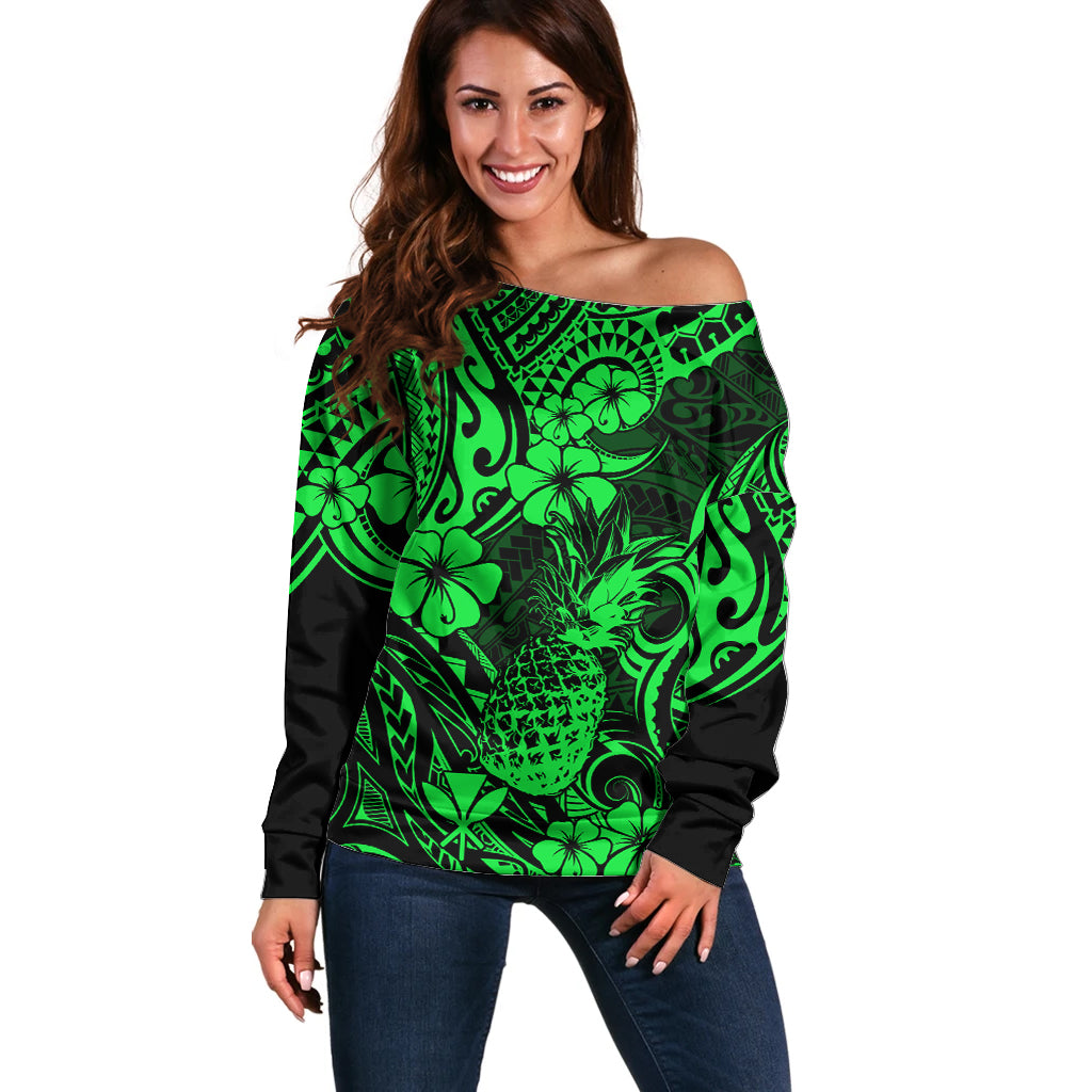 Hawaii Pineapple Off Shoulder Sweater Paradise Flowers Pacific With Green Polynesian Tribal LT01 Women Green - Polynesian Pride