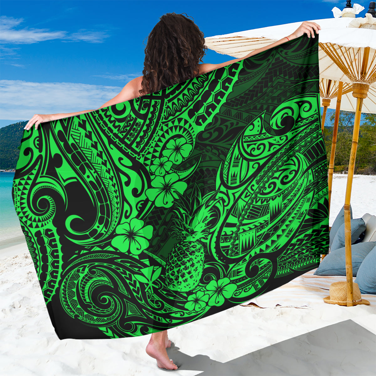 Hawaii Pineapple Sarong Paradise Flowers Pacific With Green Polynesian Tribal LT01 One Size 44 x 66 inches Green - Polynesian Pride