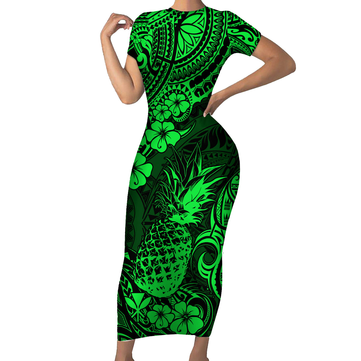 Hawaii Pineapple Short Sleeve Bodycon Dress Paradise Flowers Pacific With Green Polynesian Tribal LT01 Long Dress Green - Polynesian Pride