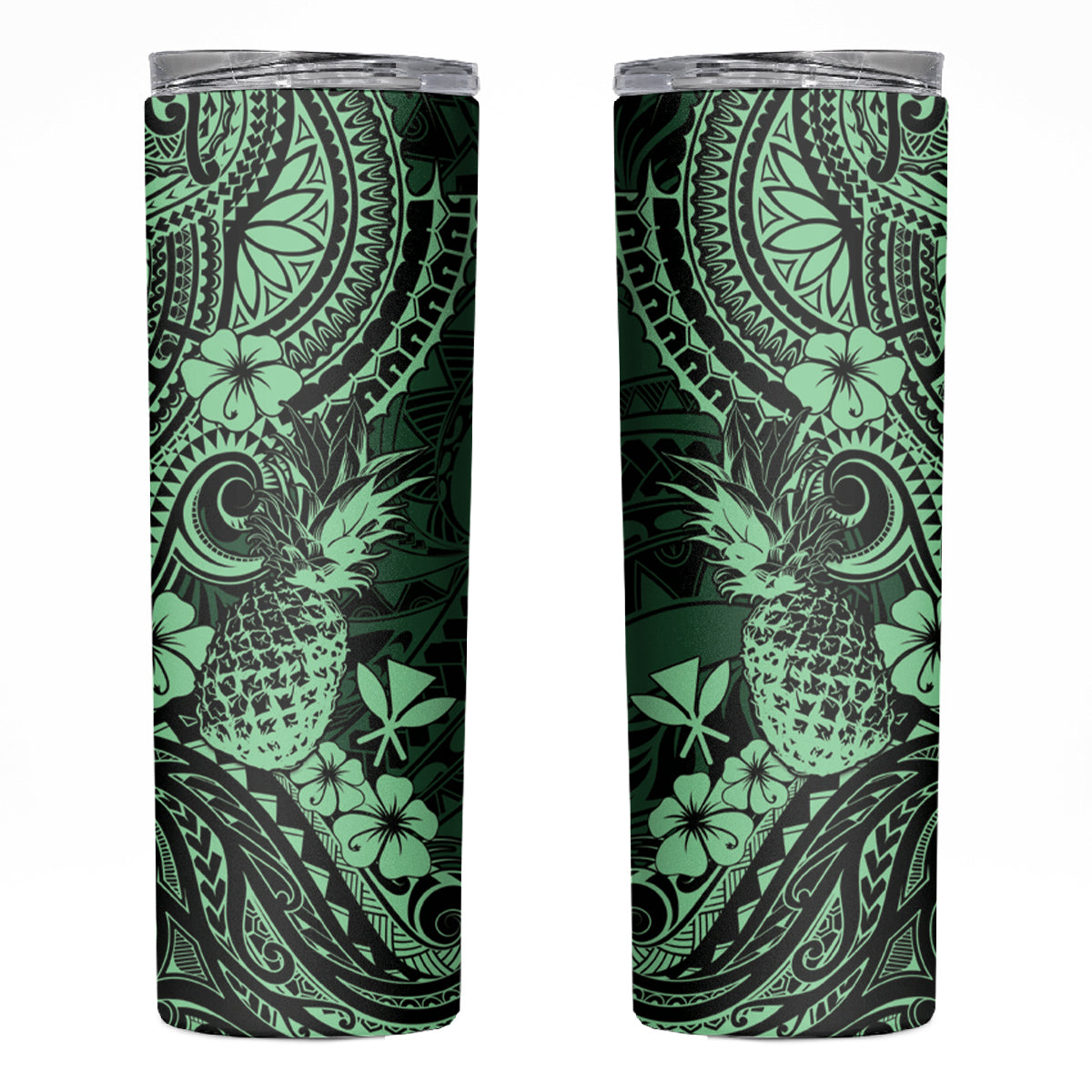 Hawaii Pineapple Skinny Tumbler Paradise Flowers Pacific With Green Polynesian Tribal